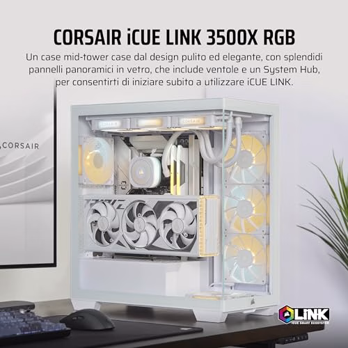 CORSAIR iCUE LINK 3500X RGB Mid-Tower ATX Case per PC a Doppia Camera - Vetro Panoramico Temperato - Compatibile con Scheda Madre a Connessione Inversa - 3x Ventole CORSAIR RX120 RGB Incluse - Bianco