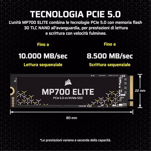 CORSAIR MP700 ELITE 2TB PCIe 5.0 x4 NVMe M.2 SSD – Fino a 10,000MB/sec – Alta Densità 3D TLC NAND – M.2 2280 - Compatibile con DirectStorage – Nero