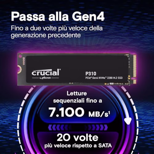 Crucial P310 SSD 1TB PCIe Gen4 NVMe M.2 2280, fino a 7.100 MB/s, Compatibile con Notebook e PC Desktop, Hard Disk Interno - CT1000P310SSD801