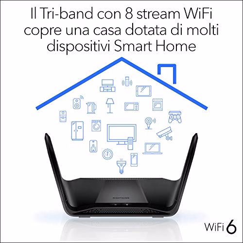 NETGEAR Nighthawk AX8 Router WiFi 6 RAX70, 8 Flussi simultanei con velocità AX6600 TriBand (fino a 1,8 Gbps), Copertura 175 m²