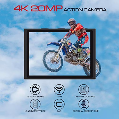Apexcam Action Cam Pro【Aggiornato】4K 20MP Fotocamera EIS WIFI 2 Pollici Ultra HD Impermeabile 40M Sott'acqua con Mic Esterno 2.4G Telecomando 170°Grandangolare due 1200mAh Batterie e il Kit Accessori