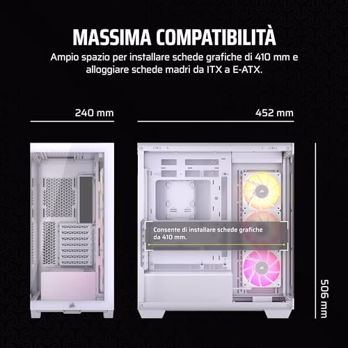 CORSAIR iCUE LINK 3500X RGB Mid-Tower ATX Case per PC a Doppia Camera - Vetro Panoramico Temperato - Compatibile con Scheda Madre a Connessione Inversa - 3x Ventole CORSAIR RX120 RGB Incluse - Bianco