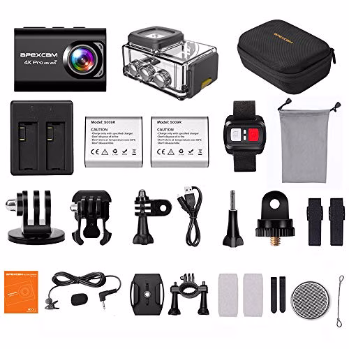 Apexcam Action Cam Pro【Aggiornato】4K 20MP Fotocamera EIS WIFI 2 Pollici Ultra HD Impermeabile 40M Sott'acqua con Mic Esterno 2.4G Telecomando 170°Grandangolare due 1200mAh Batterie e il Kit Accessori