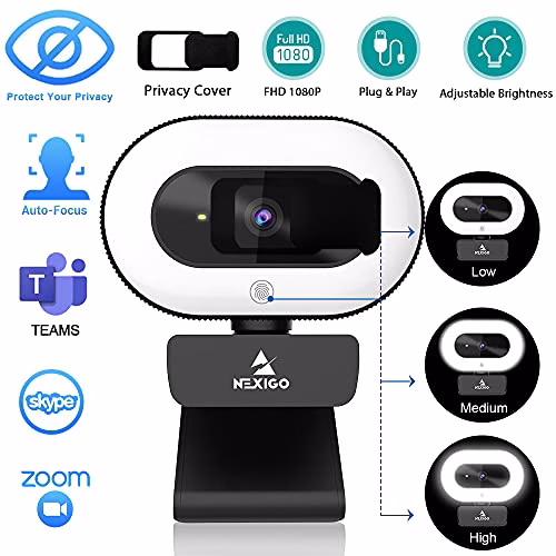 NexiGo StreamCam N930E, 1080P Streaming Webcam per PC con anello luce e copertura privacy, Microfono Stereo, Auto-Focus, Plug and Play, Web Camera per Zoom Meeting Skype Teams