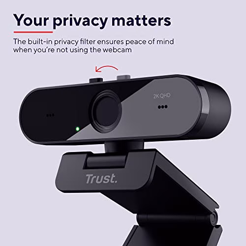 Trust Taxon 2K QHD Webcam PC, Plastica Riciclata 85%, 2560x1440p Videocamera, Filtro Privacy, Autofocus, Lente Grandangolare, 2 Microfoni, Telecamera per Skype, Teams, Zoom, Computer, Laptop, Mac