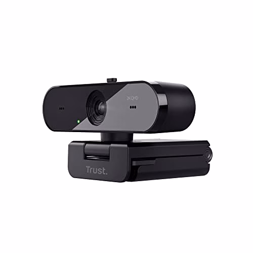 Trust Taxon 2K QHD Webcam PC, Plastica Riciclata 85%, 2560x1440p Videocamera, Filtro Privacy, Autofocus, Lente Grandangolare, 2 Microfoni, Telecamera per Skype, Teams, Zoom, Computer, Laptop, Mac