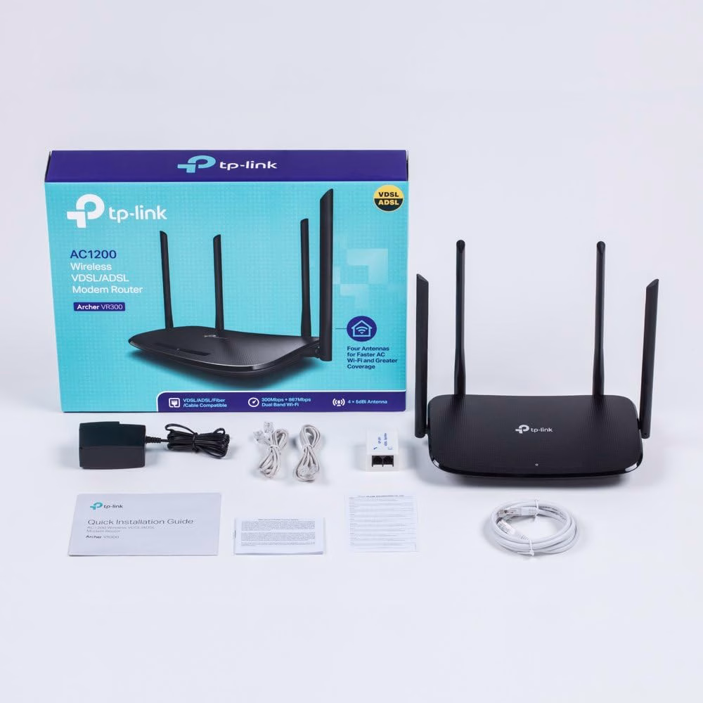 TP-Link VR300 Archer Modem Router VDSL FTTC FTTS ADSL fino a 100Mbps, Wi-Fi AC1200 Dual Band, Nero