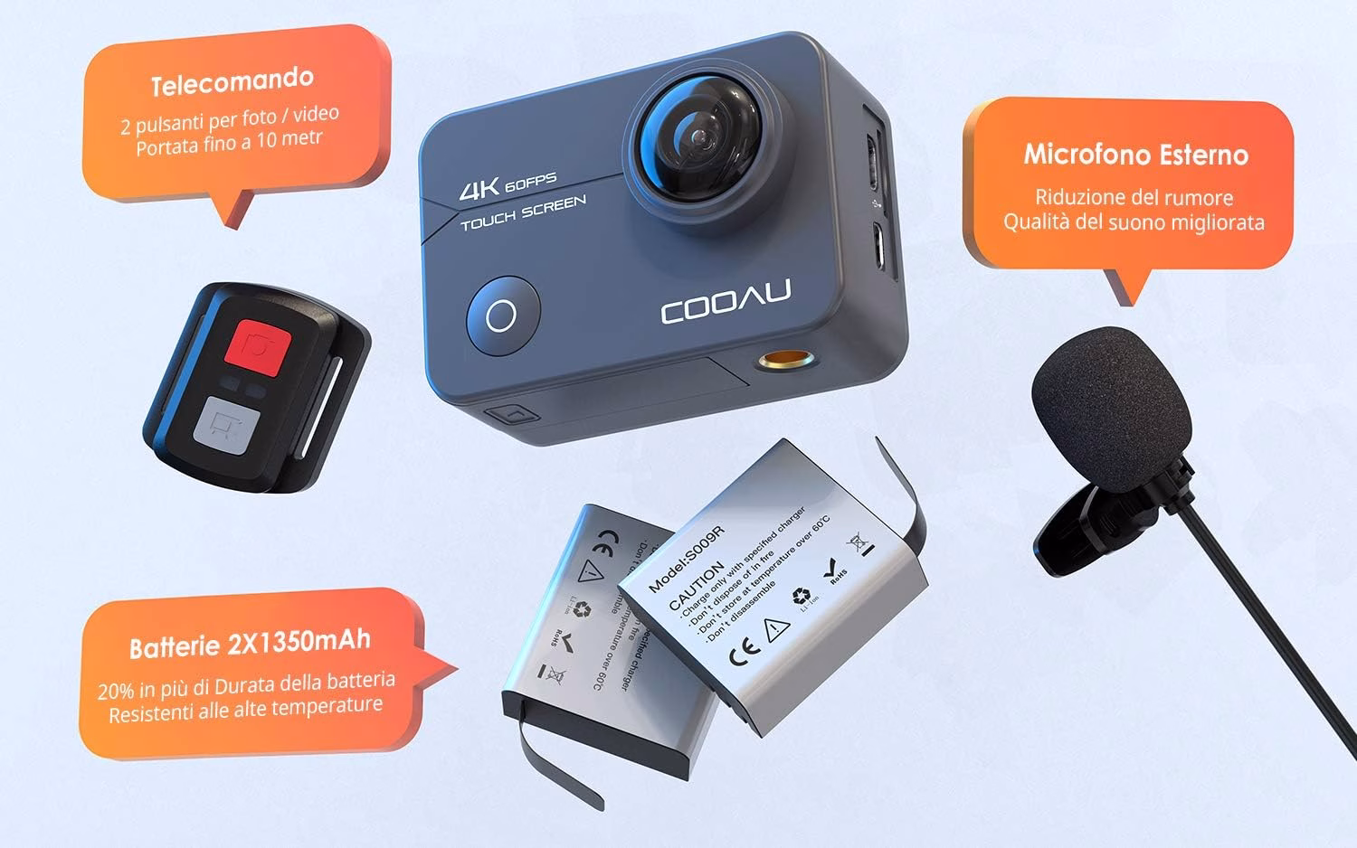 COOAU Action Cam Nativo 4K 60fps 20MP Touch Screen Wi-Fi videocamera con Zoom 8X Nuova EIS Anti-Shake, Custodia fotocamera subacquea Impermeabile 40m, Regolabile Microfono Esterno, 2x1350mAh Batterie
